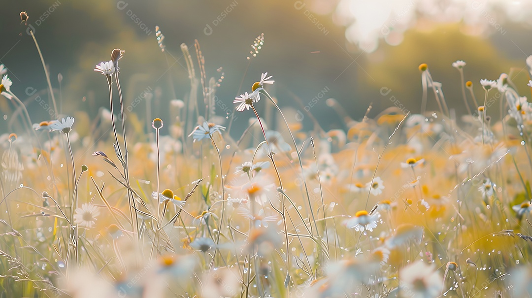 Um campo de flores silvestres balançando na brisa do verão