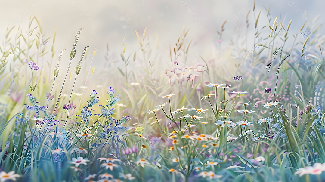 Um campo de flores silvestres balançando na brisa do verão