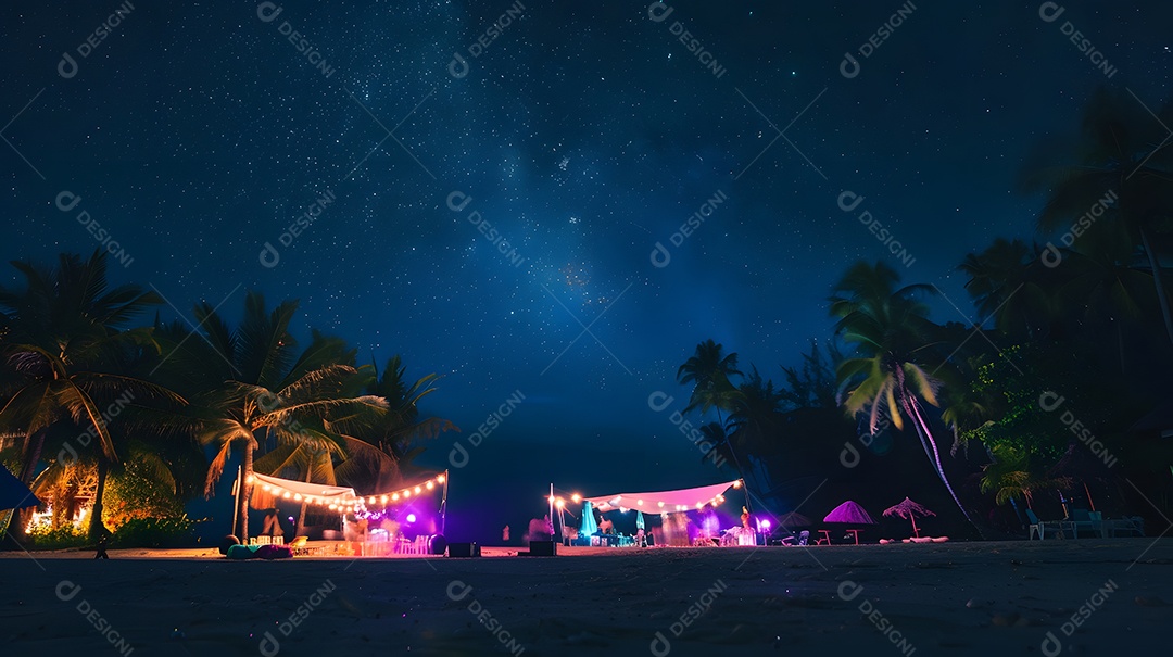 Uma festa na praia com música e dança sob as estrelas