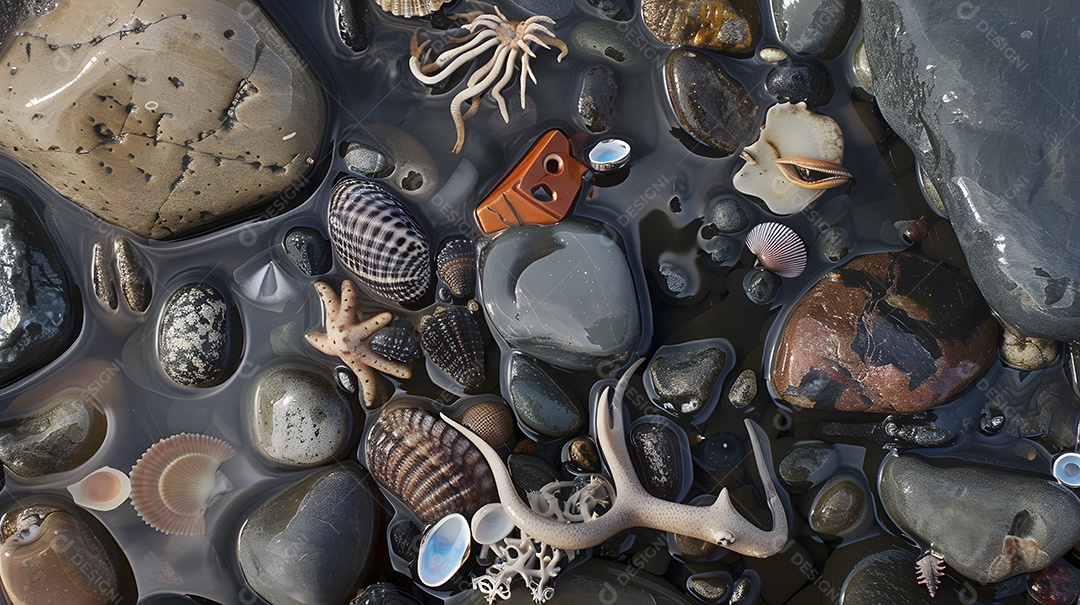 Uma coleção de tesouros de praia reunidos em uma piscina natural