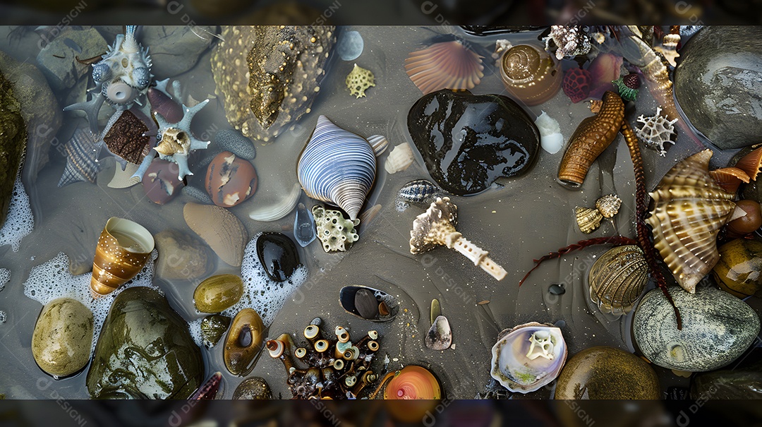 Uma coleção de tesouros de praia reunidos em uma piscina natural