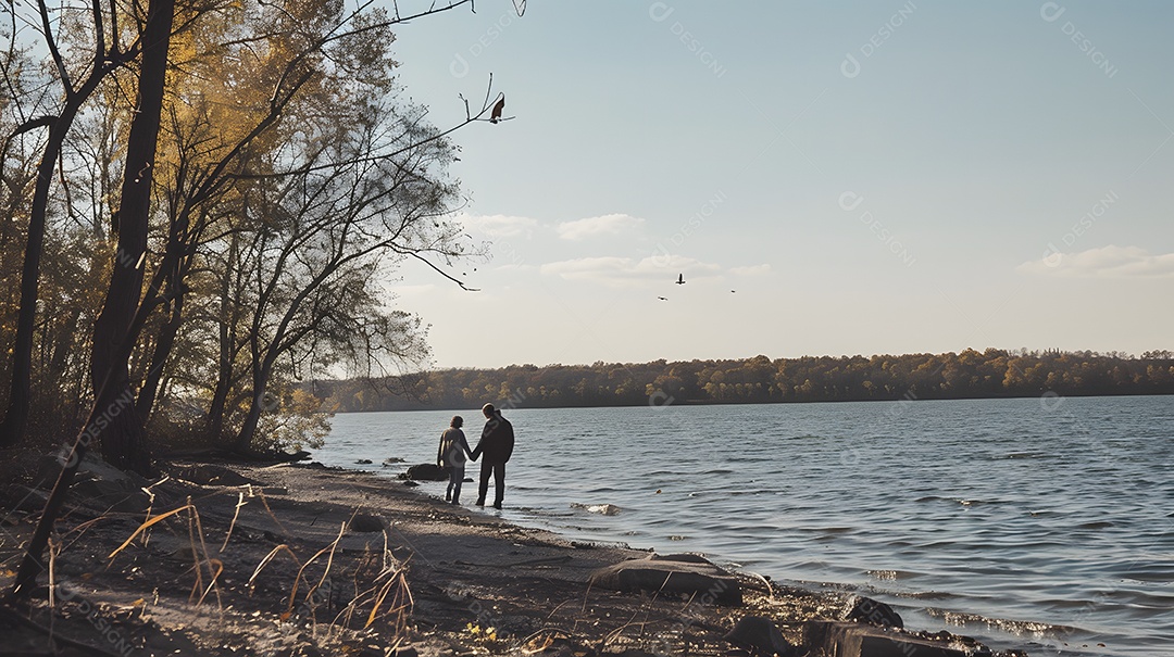 Um casal passeando de mãos dadas à beira da água