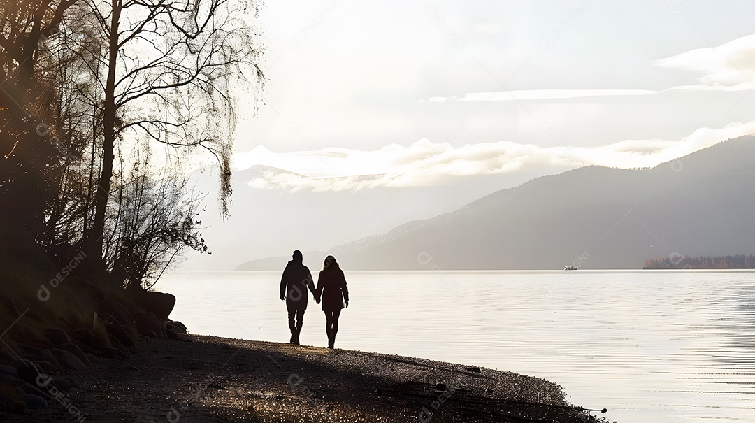 Um casal passeando de mãos dadas à beira da água