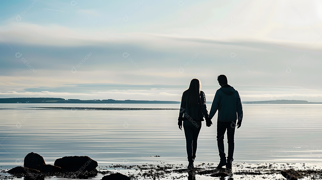 Um casal passeando de mãos dadas à beira da água