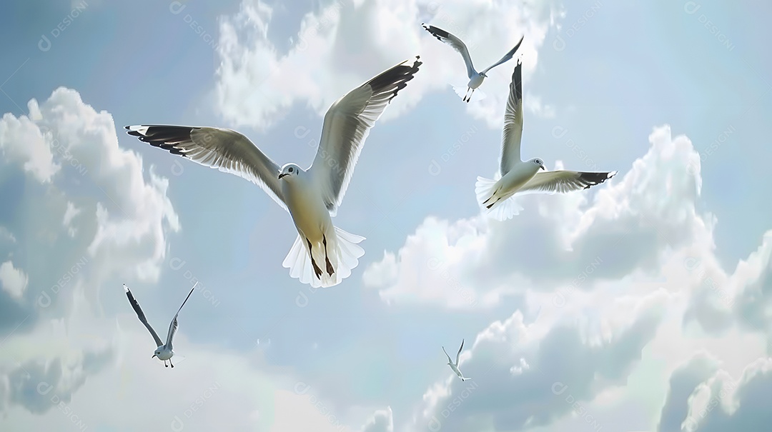 Uma família de gaivotas sobrevoando