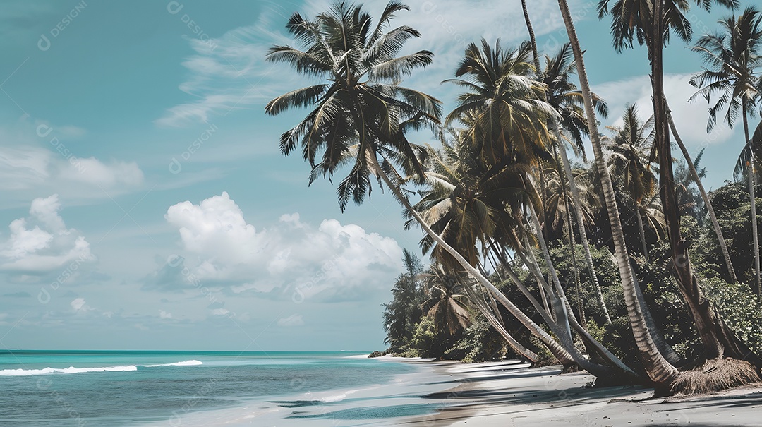 Uma serena praia azul turquesa com palmeiras balançando na brisa suave