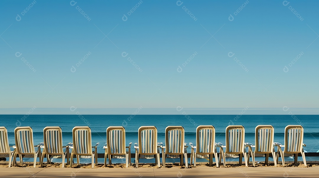 Cadeiras de praia alinhadas em perfeita simetria voltadas para o mar