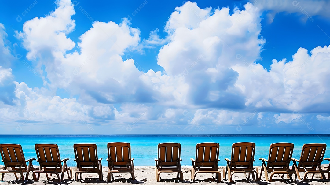 Cadeiras de praia alinhadas em perfeita simetria voltadas para o mar