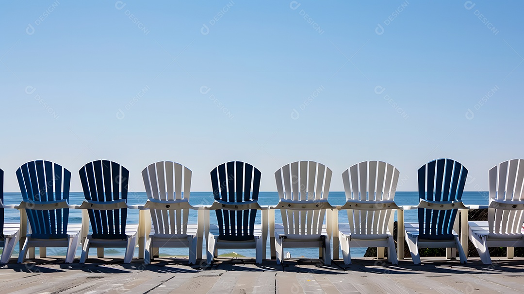 Cadeiras de praia alinhadas em perfeita simetria voltadas para o mar