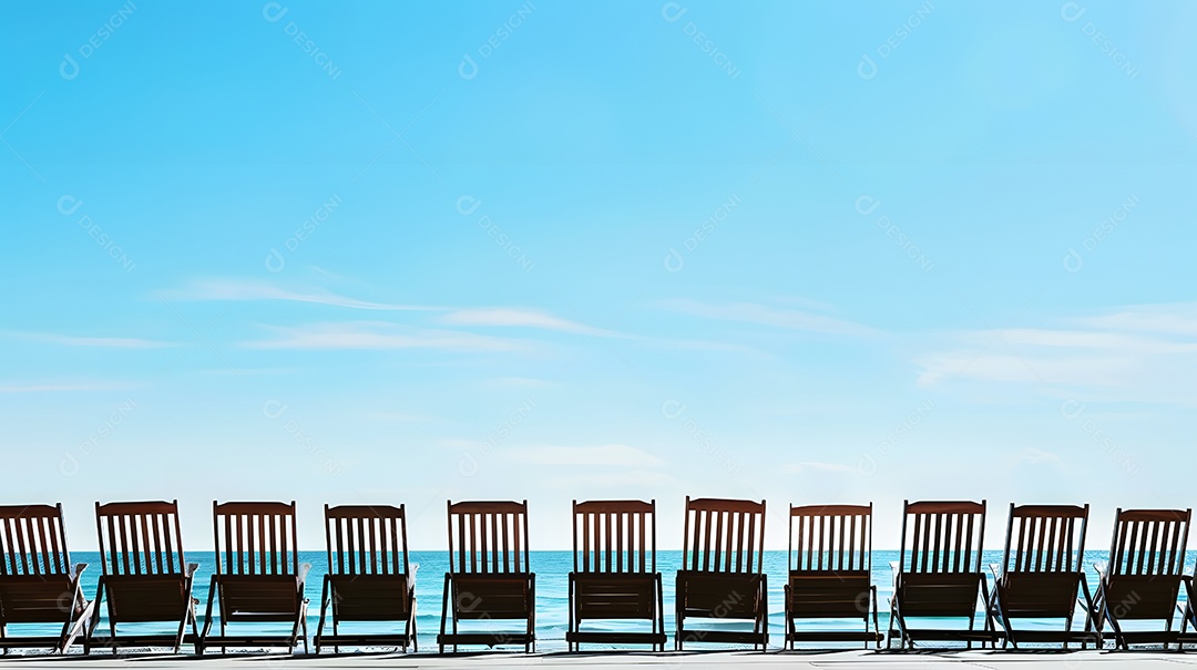 Cadeiras de praia alinhadas em perfeita simetria voltadas para o mar