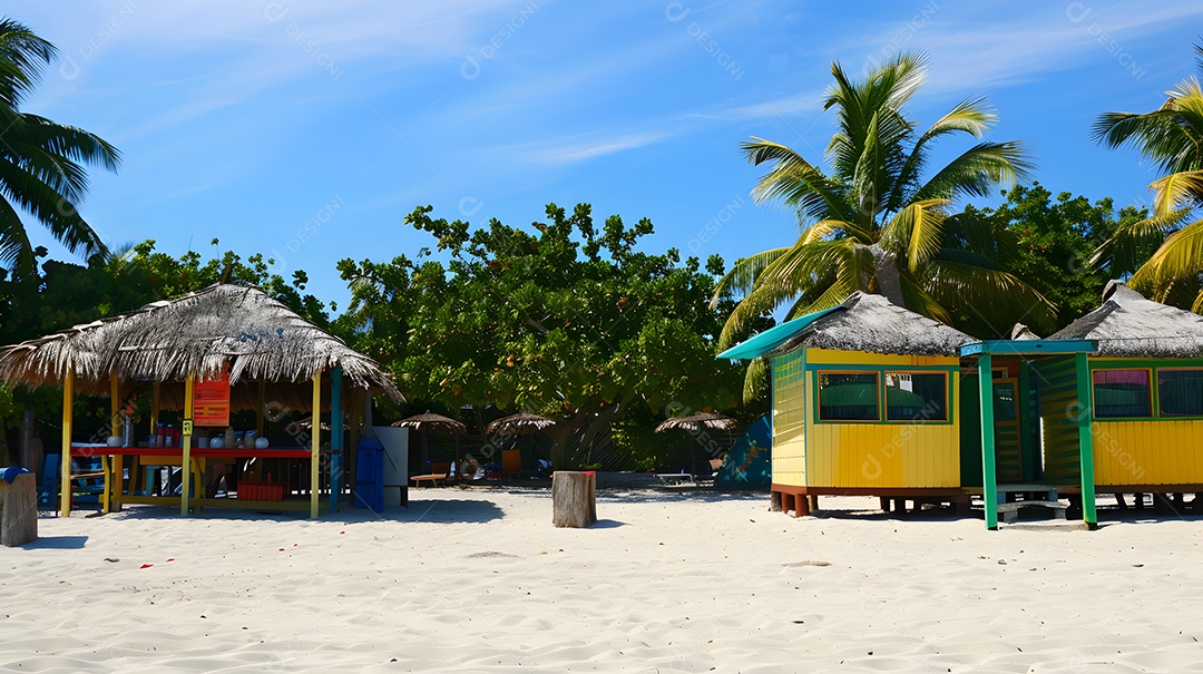 Cabanas de praia com sombra e refrescos
