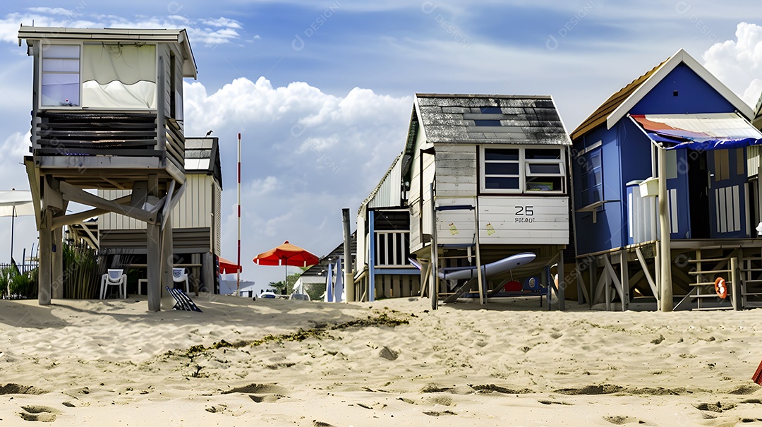 Cabanas de praia com sombra e refrescos