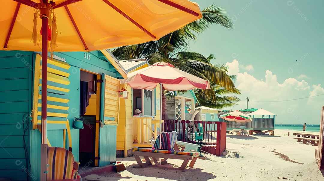 Cabanas de praia com sombra e refrescos