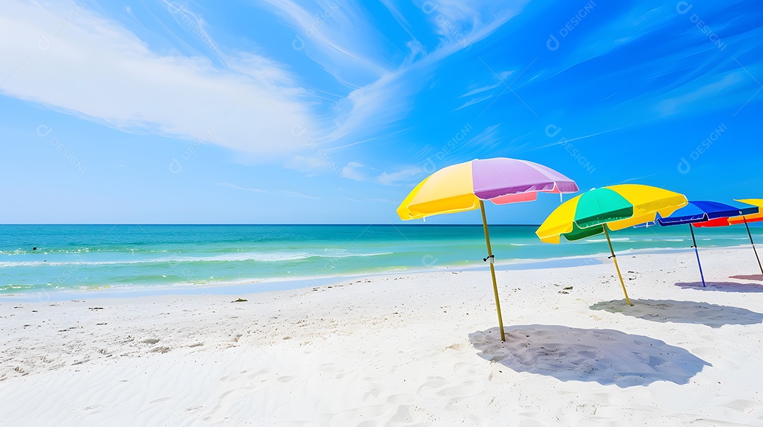 Guarda sóis coloridos pontilhando a costa arenosa