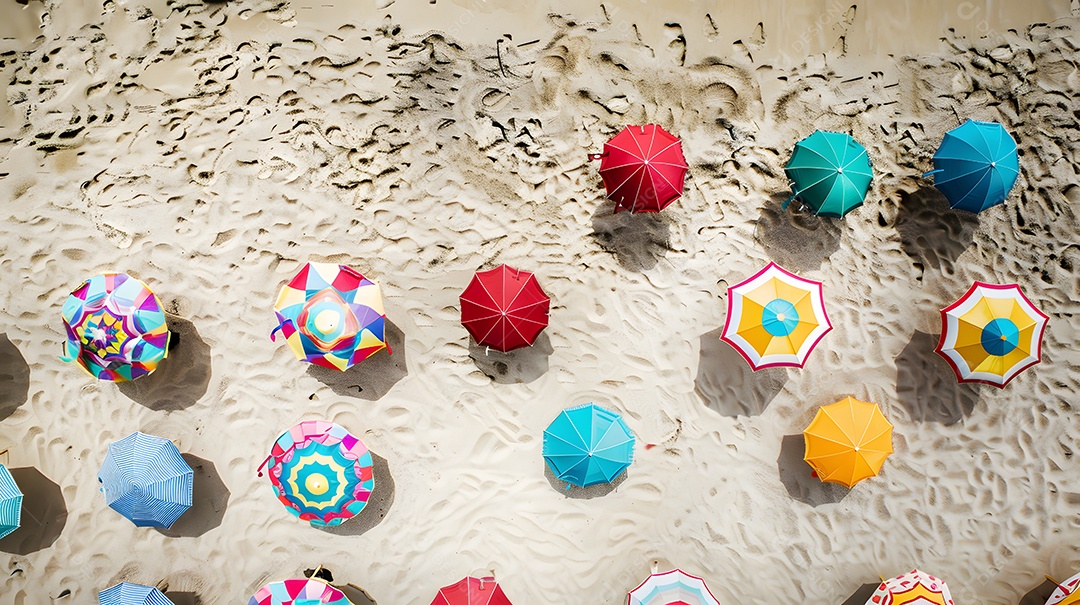 Guarda sóis coloridos pontilhando a costa arenosa