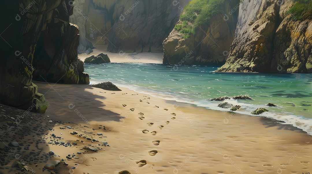 Pegadas arenosas que levam a uma enseada isolada