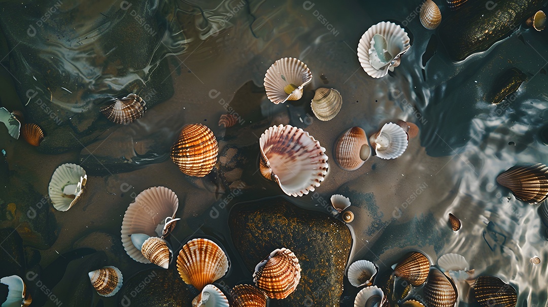 Conchas espalhadas ao longo da beira da água