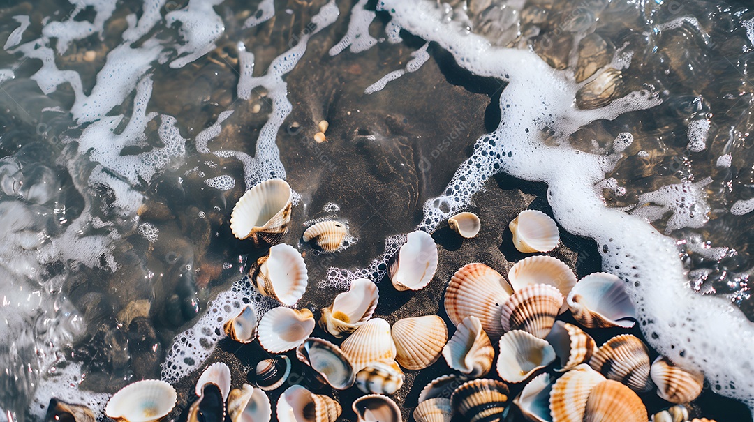 Conchas espalhadas ao longo da beira da água