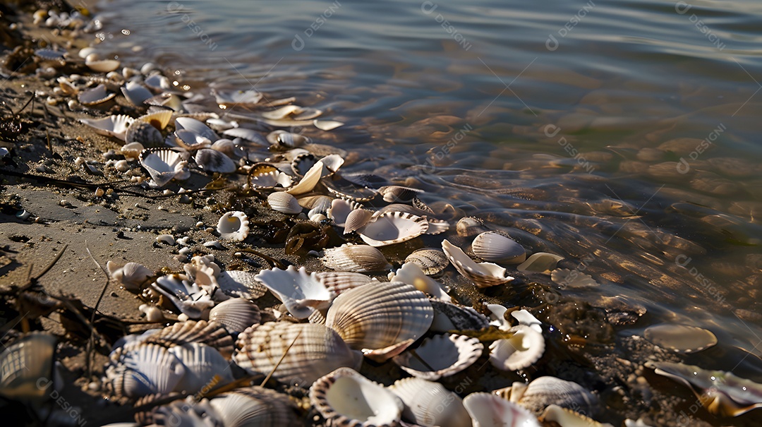 Conchas espalhadas ao longo da beira da água