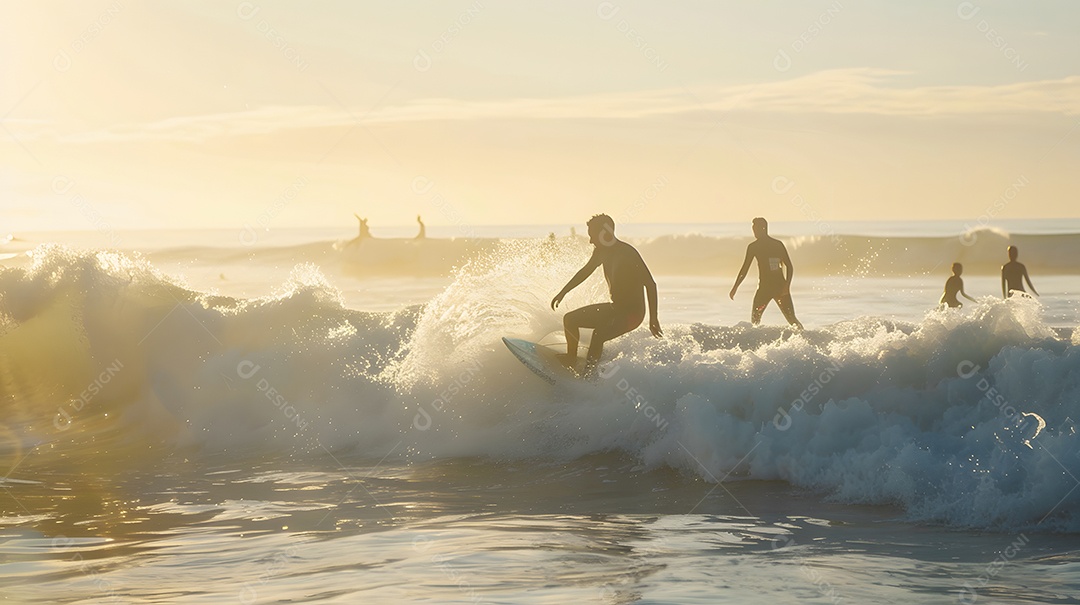 Surfistas pegando ondas na luz da manhã