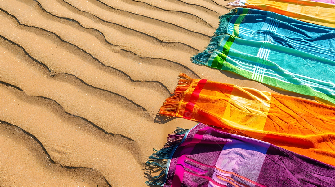 Toalhas de praia vibrantes espalhadas na areia dourada