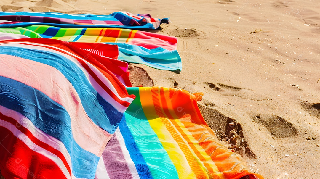 Toalhas de praia vibrantes espalhadas na areia dourada
