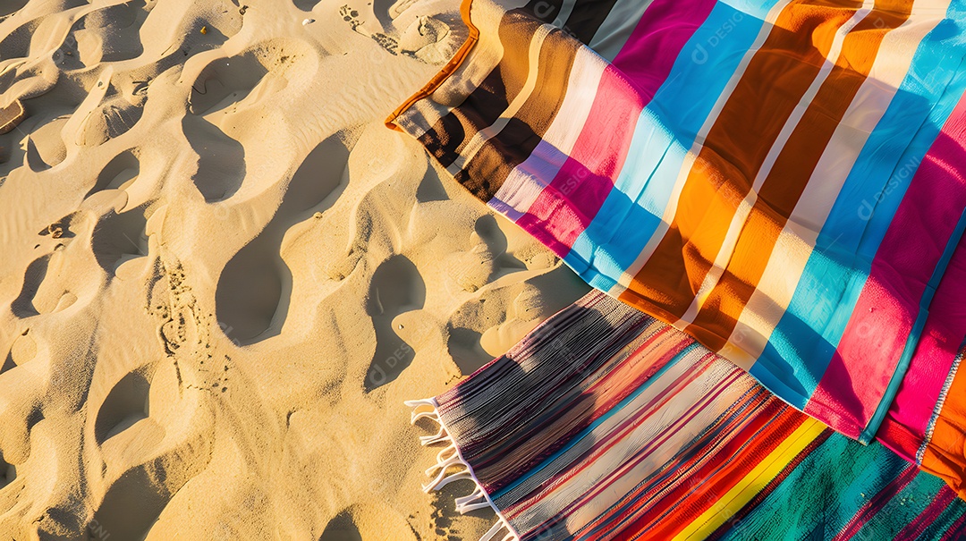 Toalhas de praia vibrantes espalhadas na areia dourada