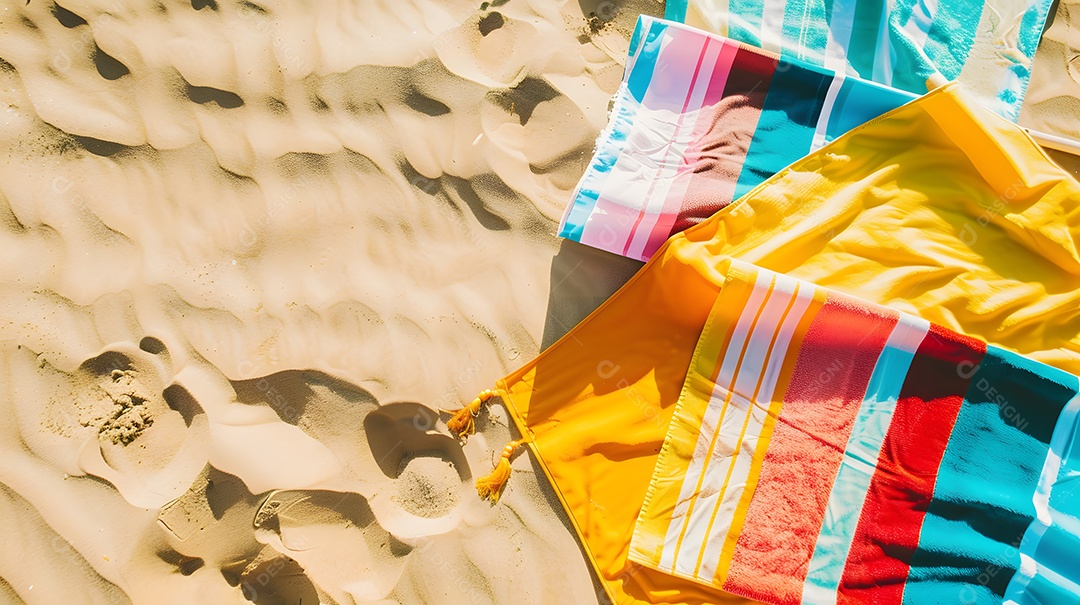 Toalhas de praia vibrantes espalhadas na areia dourada