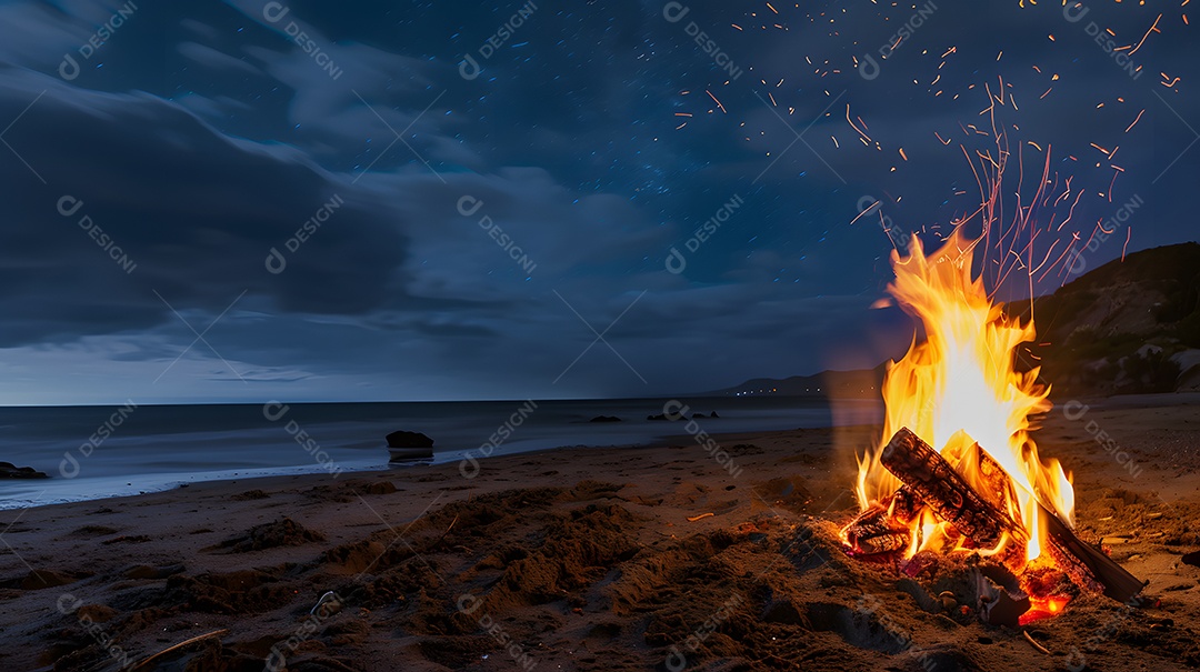 Uma fogueira na praia brilhando intensamente contra o céu noturno