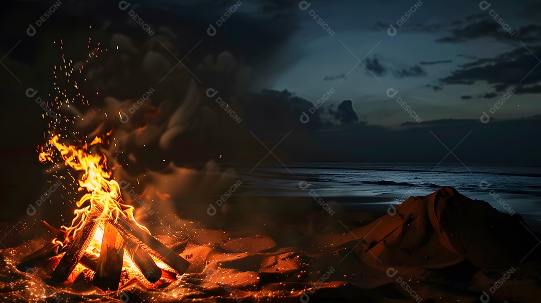 Uma fogueira na praia brilhando intensamente contra o céu noturno