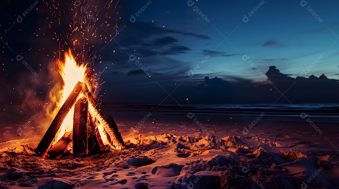 Uma fogueira na praia brilhando intensamente contra o céu noturno