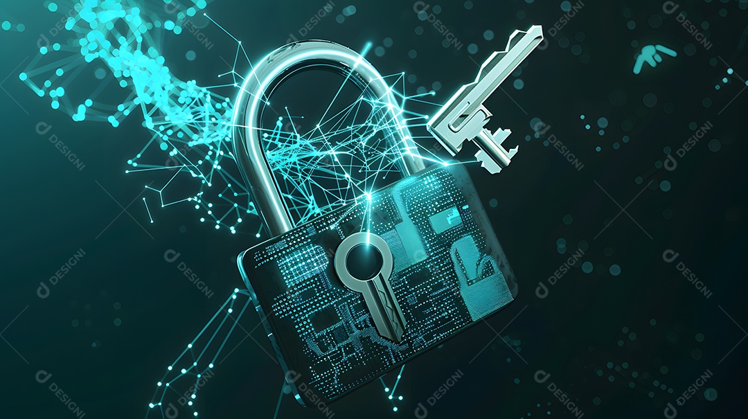 Fechadura e chave se transformando em fluxos de dados digitais para comunicação segura