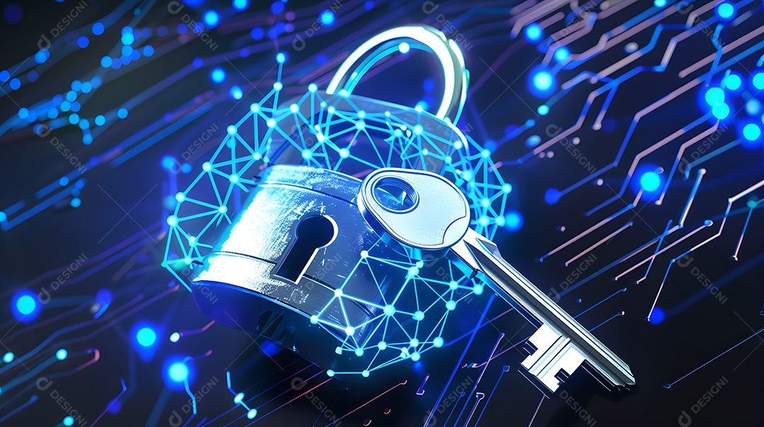 Fechadura e chave se transformando em fluxos de dados digitais para comunicação segura