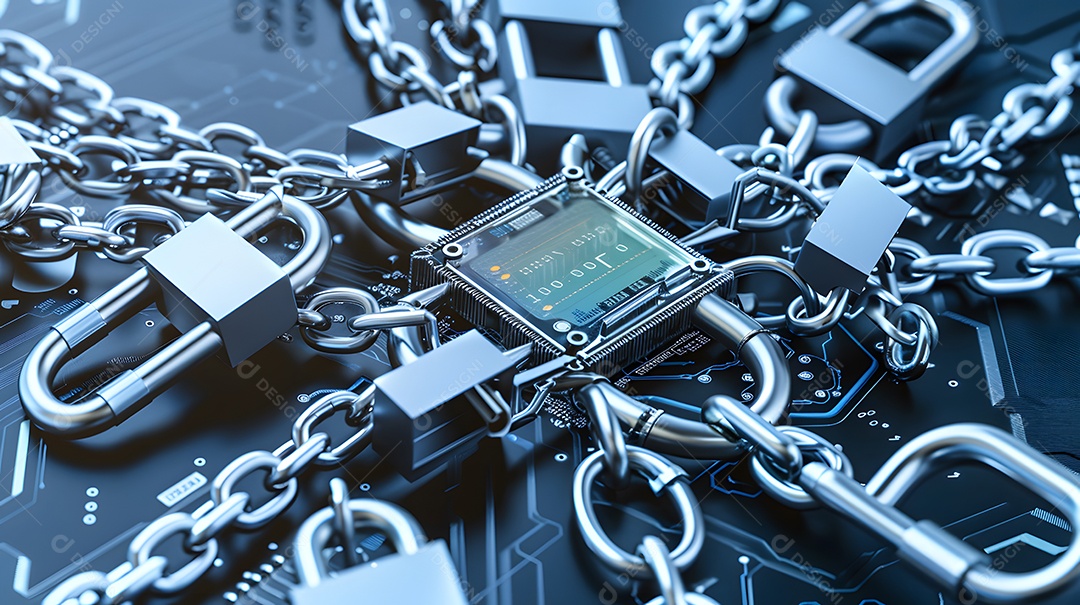 Cadeados e correntes em torno de uma interface digital para proteção