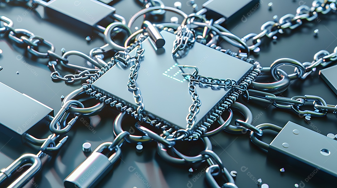 Cadeados e correntes em torno de uma interface digital para proteção