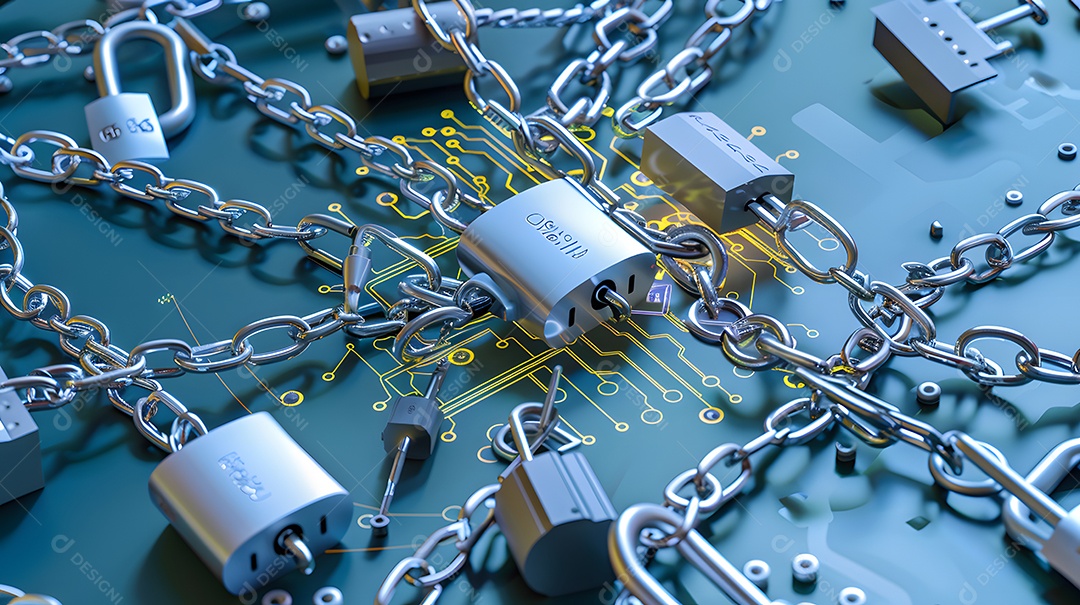 Cadeados e correntes em torno de uma interface digital para proteção
