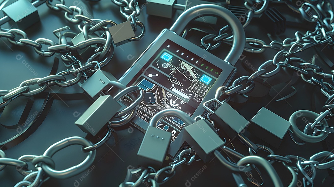 Cadeados e correntes em torno de uma interface digital para proteção