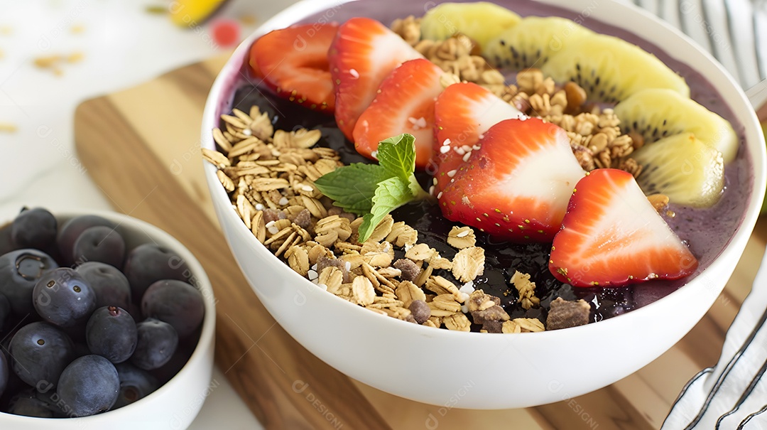 Tigela de açaí coberta com frutas frescas e granola