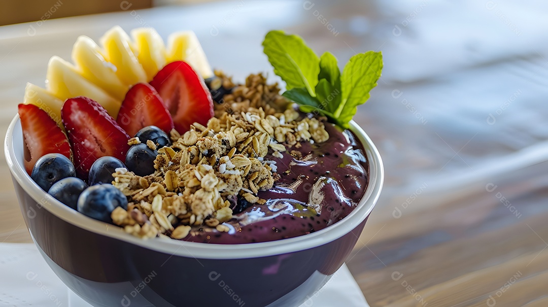 Tigela de açaí coberta com frutas frescas e granola