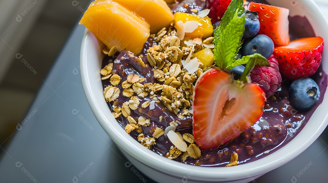 Tigela de açaí coberta com frutas frescas e granola