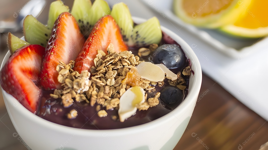 Tigela de açaí coberta com frutas frescas e granola