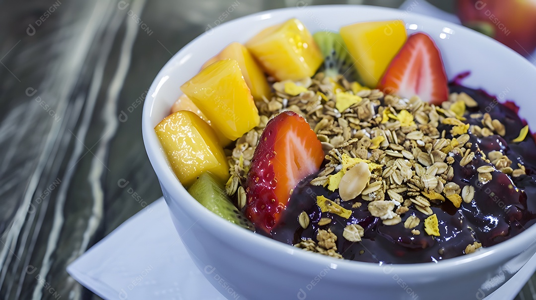 Tigela de açaí coberta com frutas frescas e granola