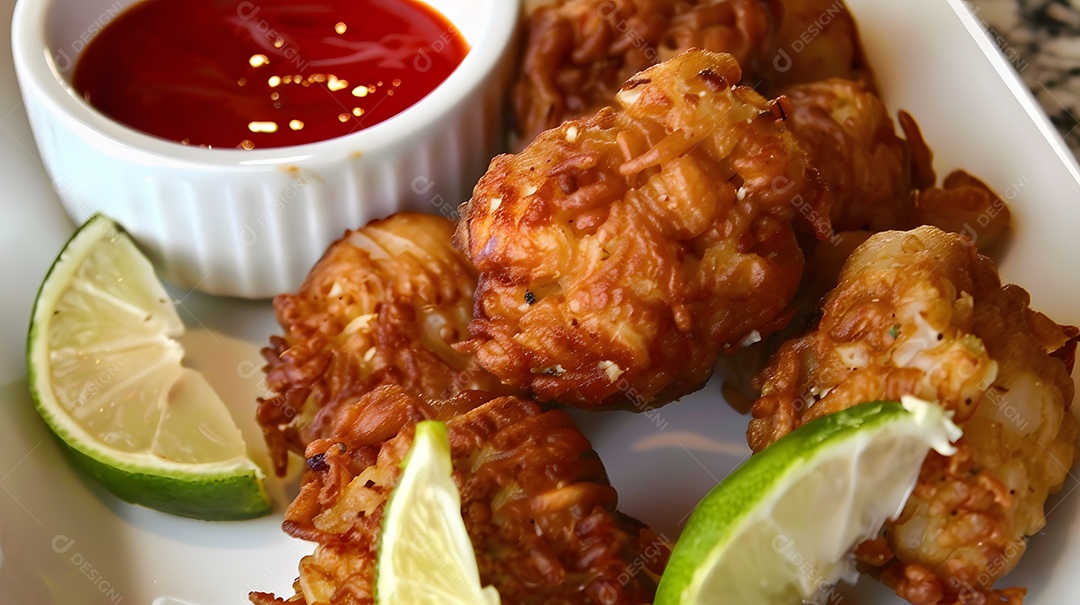 Bolinhos de bacalhau fritos servidos com limão e molho picante