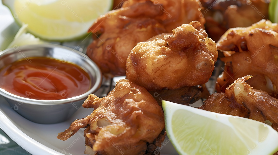 Bolinhos de bacalhau fritos servidos com limão e molho picante