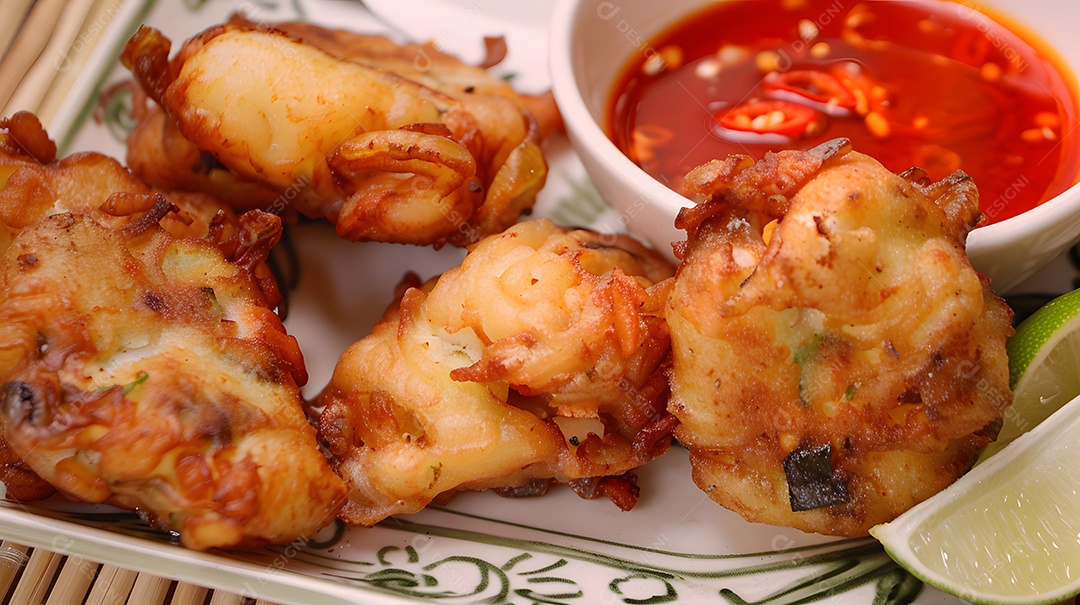 Bolinhos de bacalhau fritos servidos com limão e molho picante
