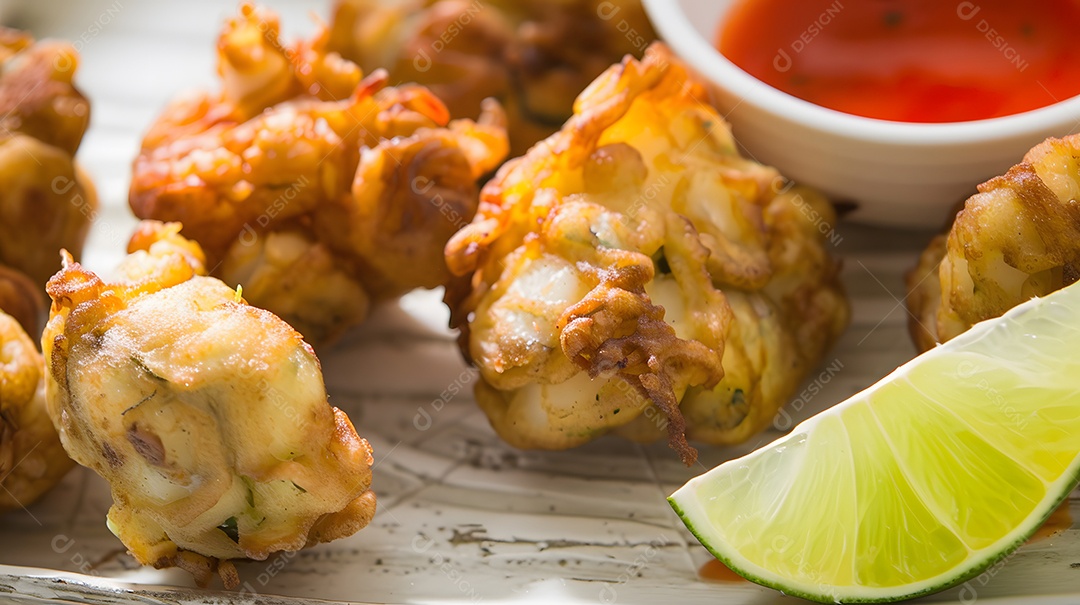 Bolinhos de bacalhau fritos servidos com limão e molho picante