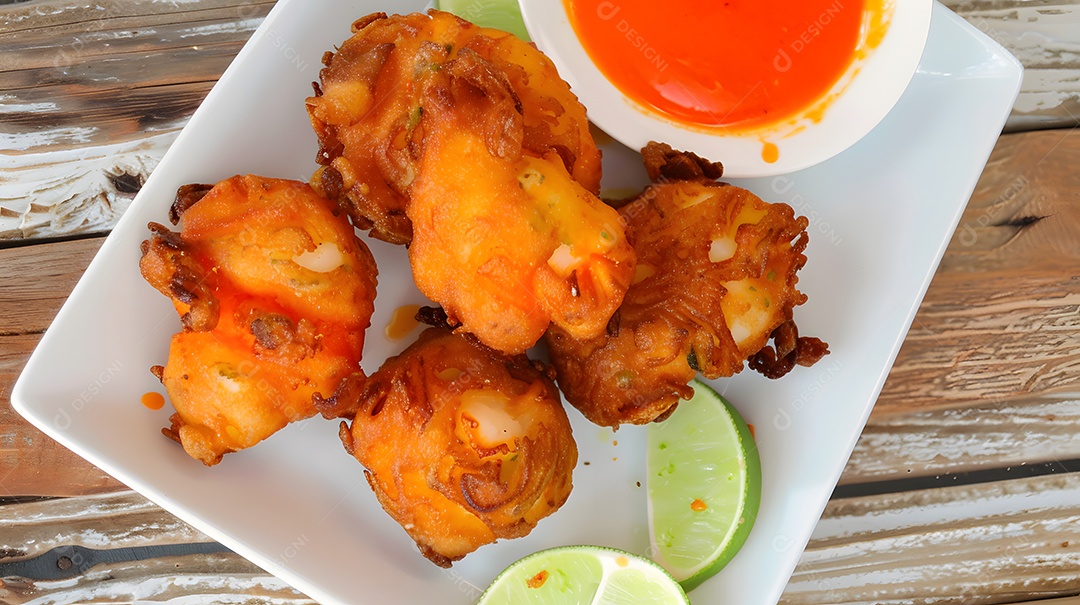 Bolinhos de bacalhau fritos servidos com limão e molho picante