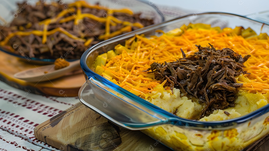 Uma caçarola assada feita com purê de mandioca e carne desfiada