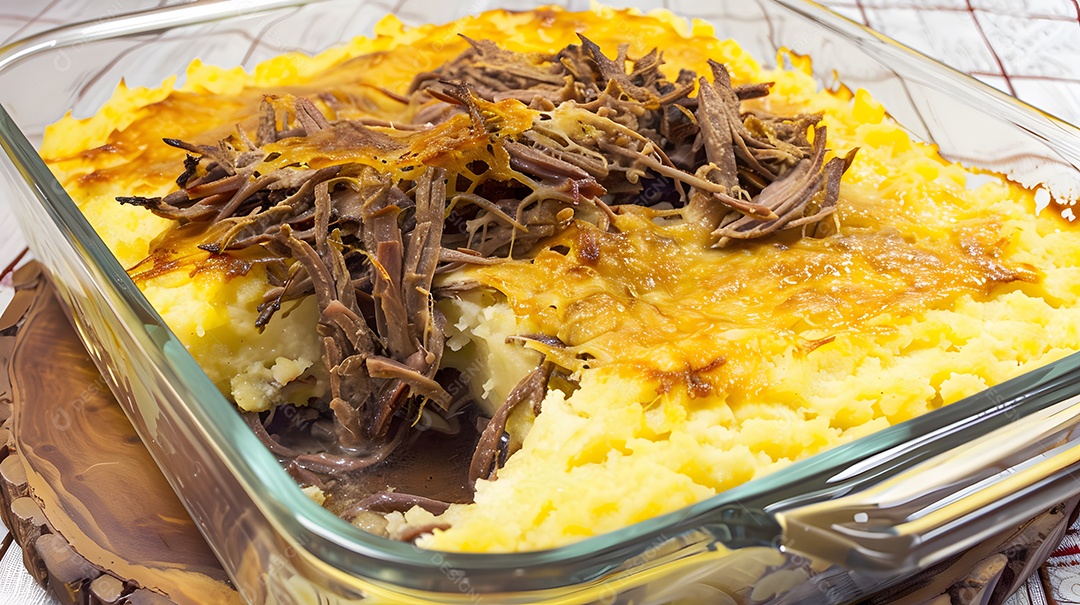 Uma caçarola assada feita com purê de mandioca e carne desfiada