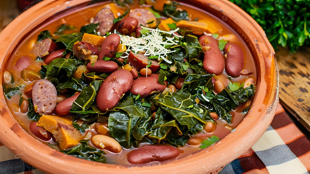 Feijão tropeiro prato tradicional brasileiro feito com feijão couve e linguiça